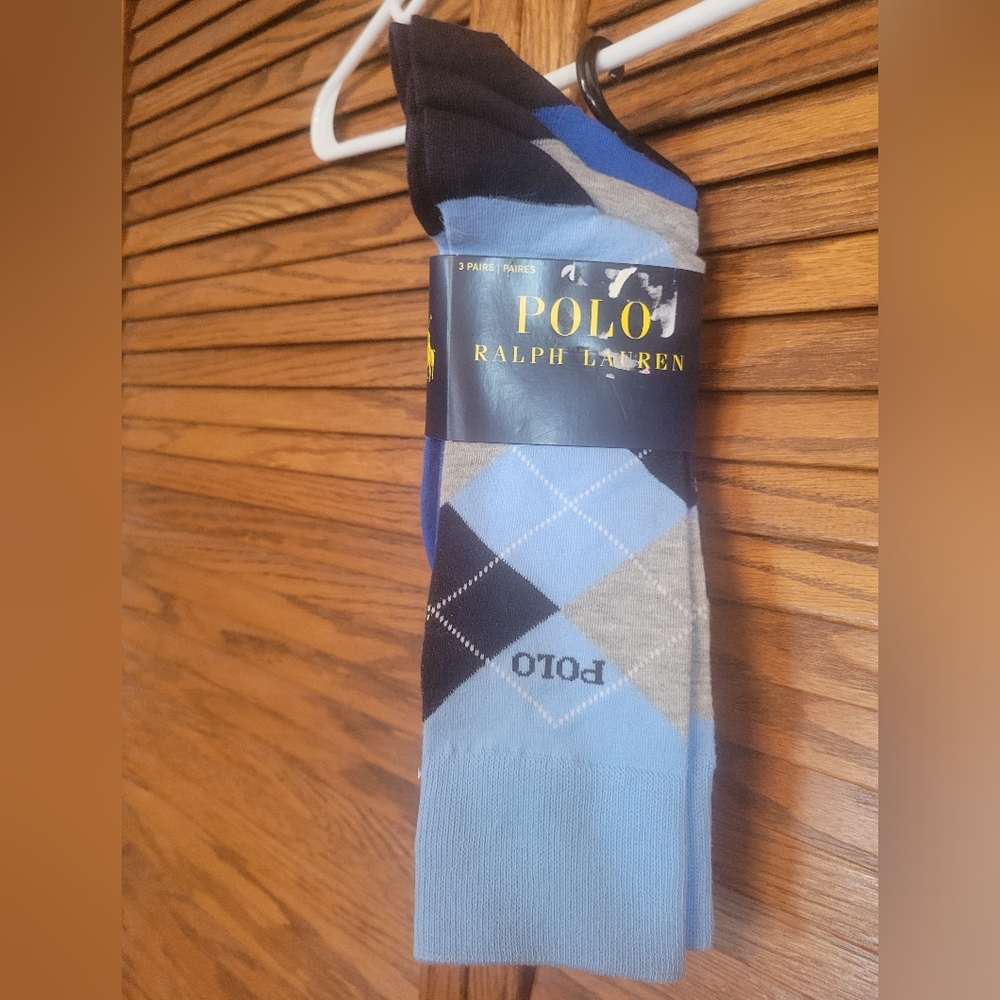 Polo by Ralph Lauren NWT 3 Pack Men's Blue and Gray Argyle Socks Size 10-13